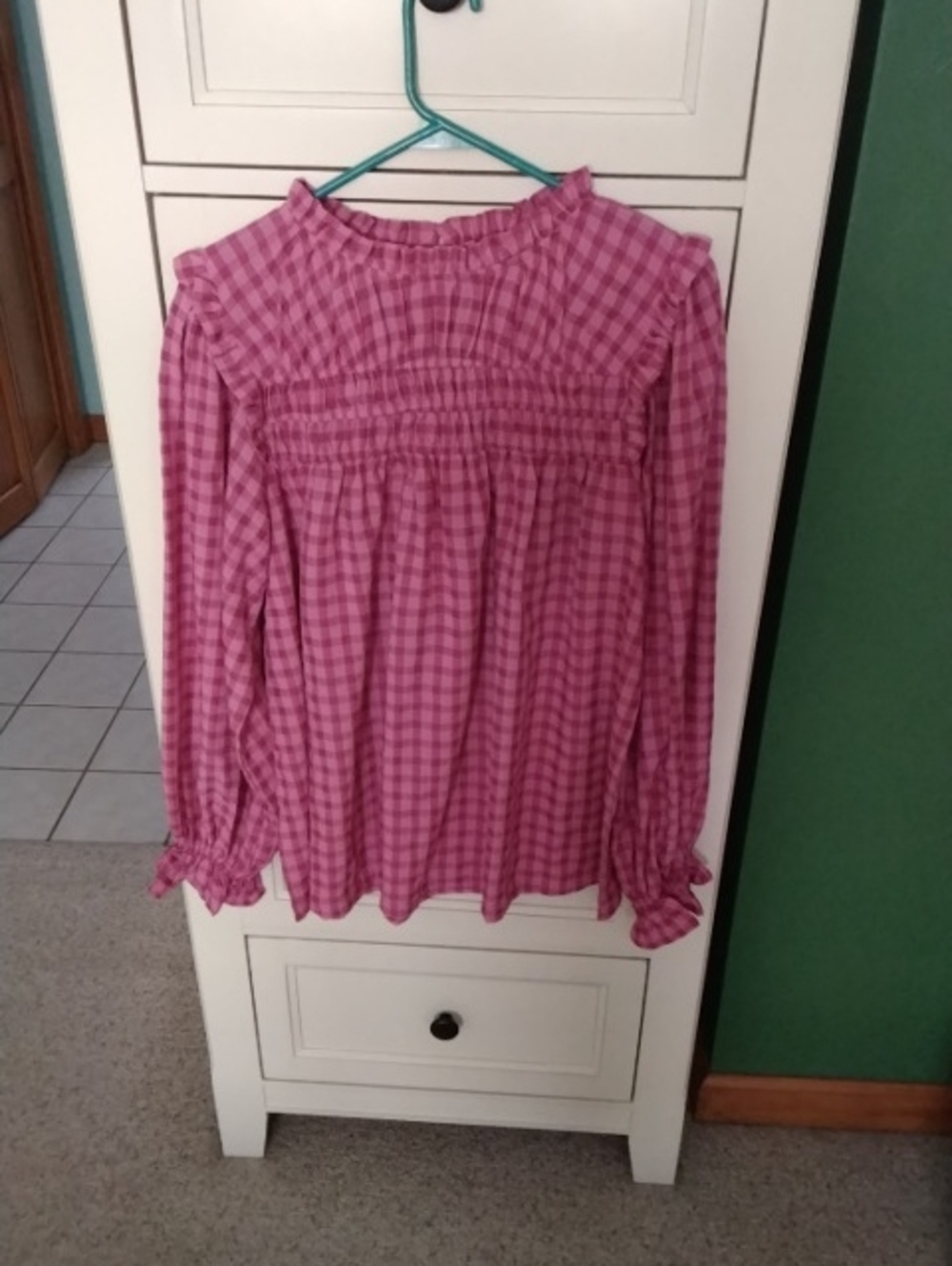 Haptics Pink Gingham Smocked Long Sleeve Blouse